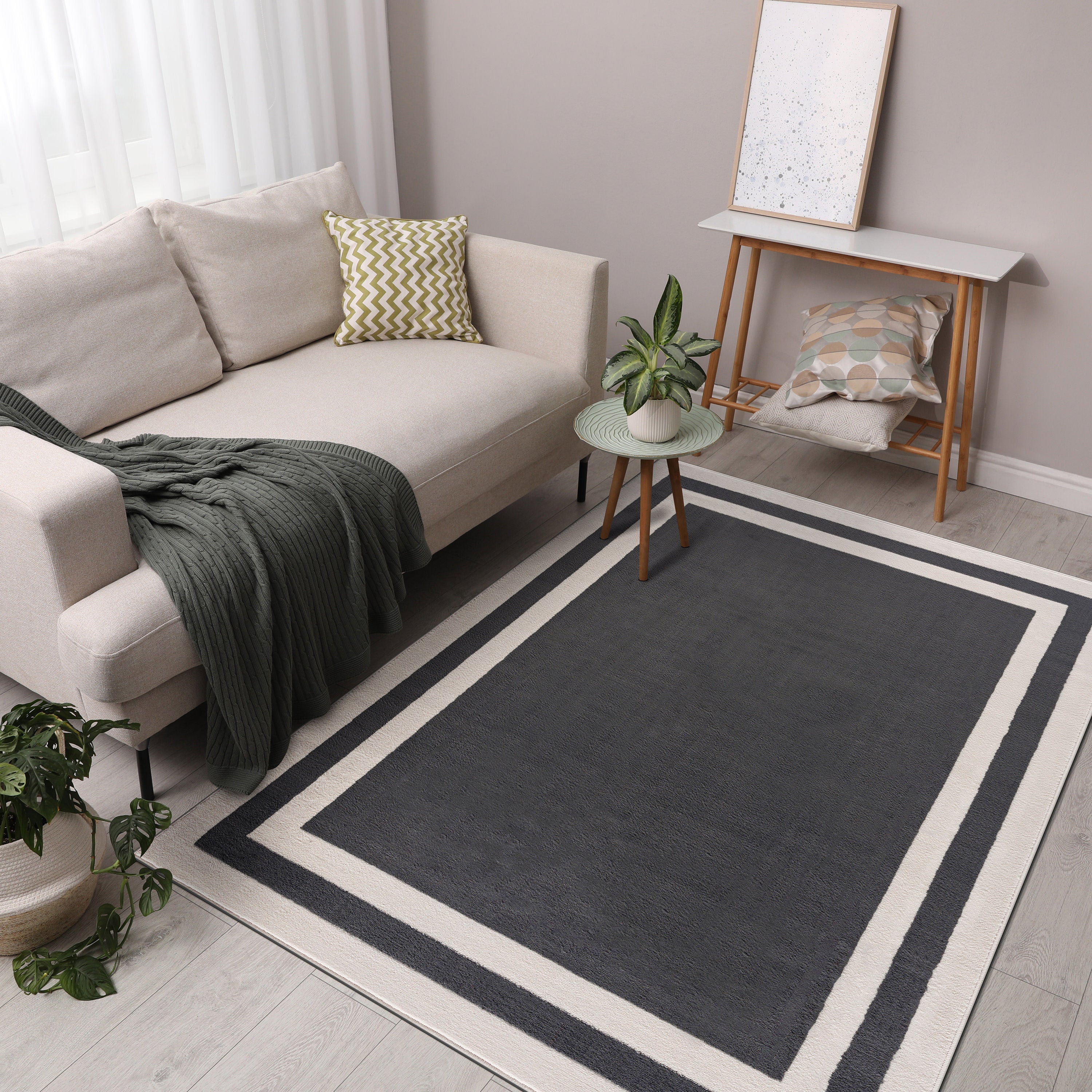 Crystal Bordered Area Rugs Dark Grey