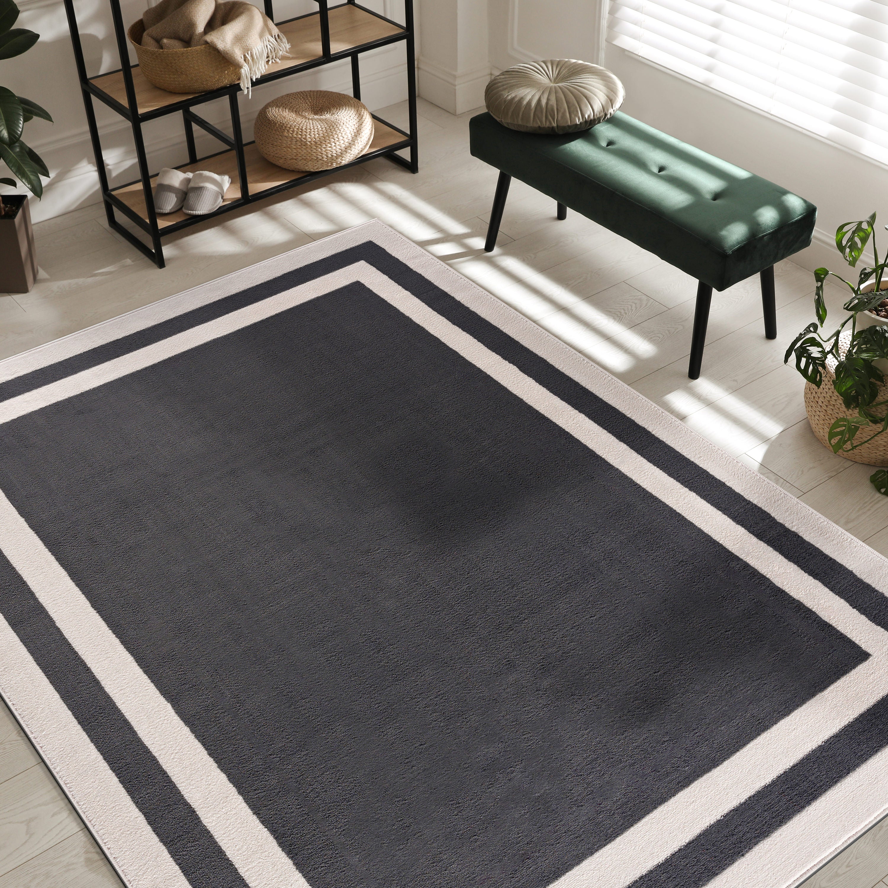 Crystal Bordered Area Rugs Dark Grey