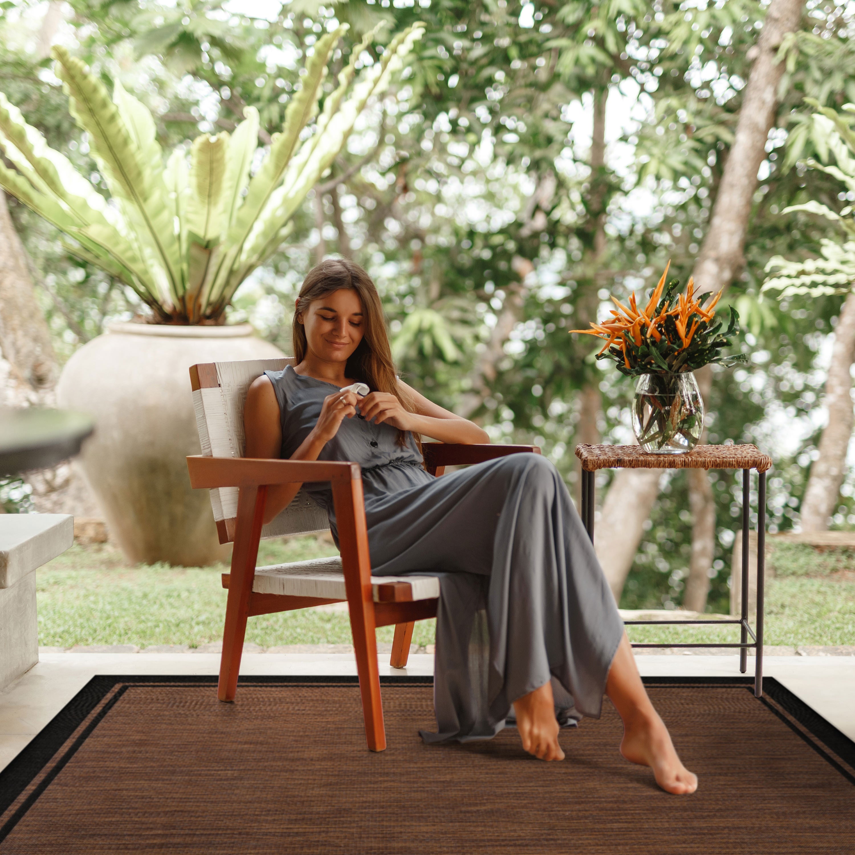 Summer Bordered Outdoor Rug Nut Brown