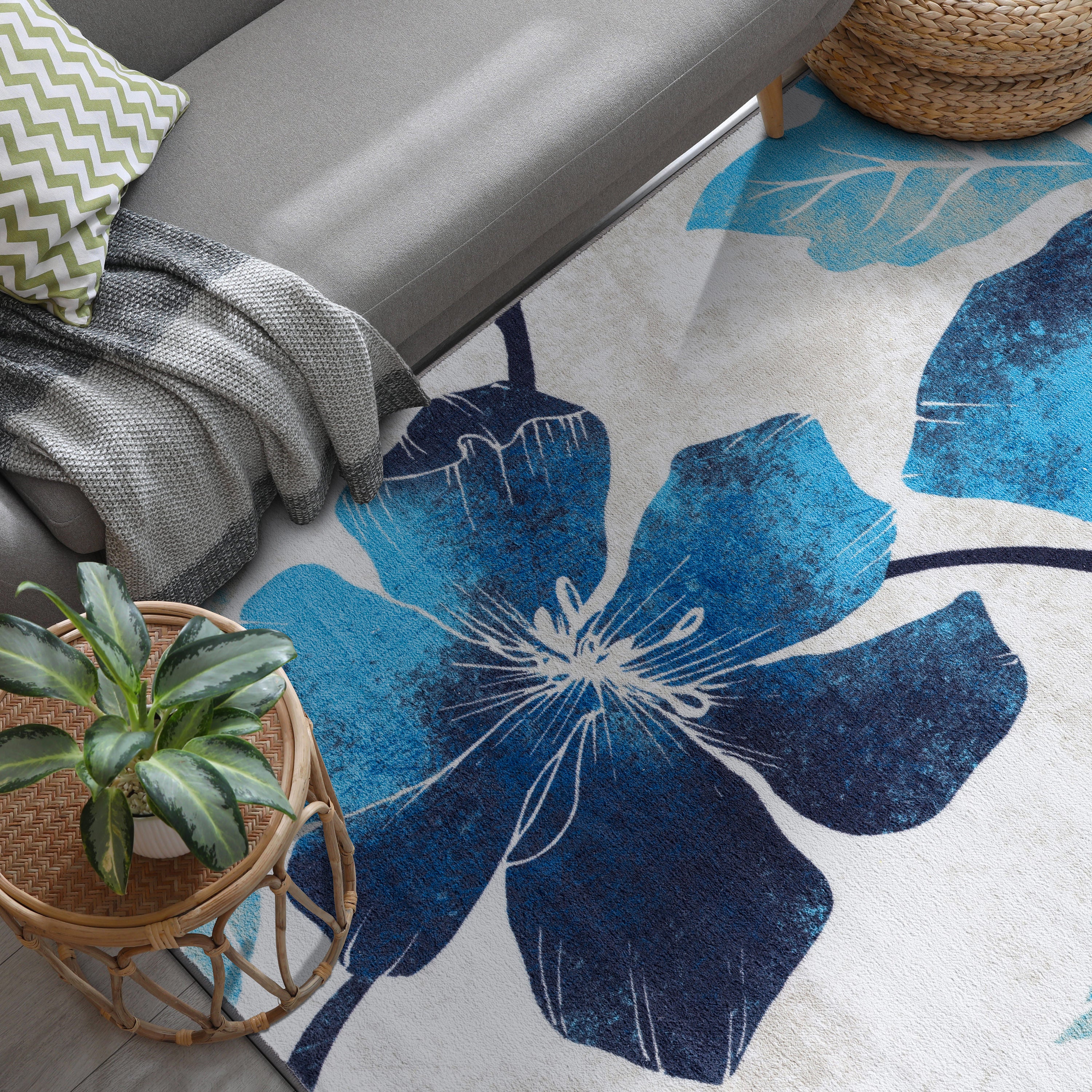 Floral Non-Slip Area Rugs Blue