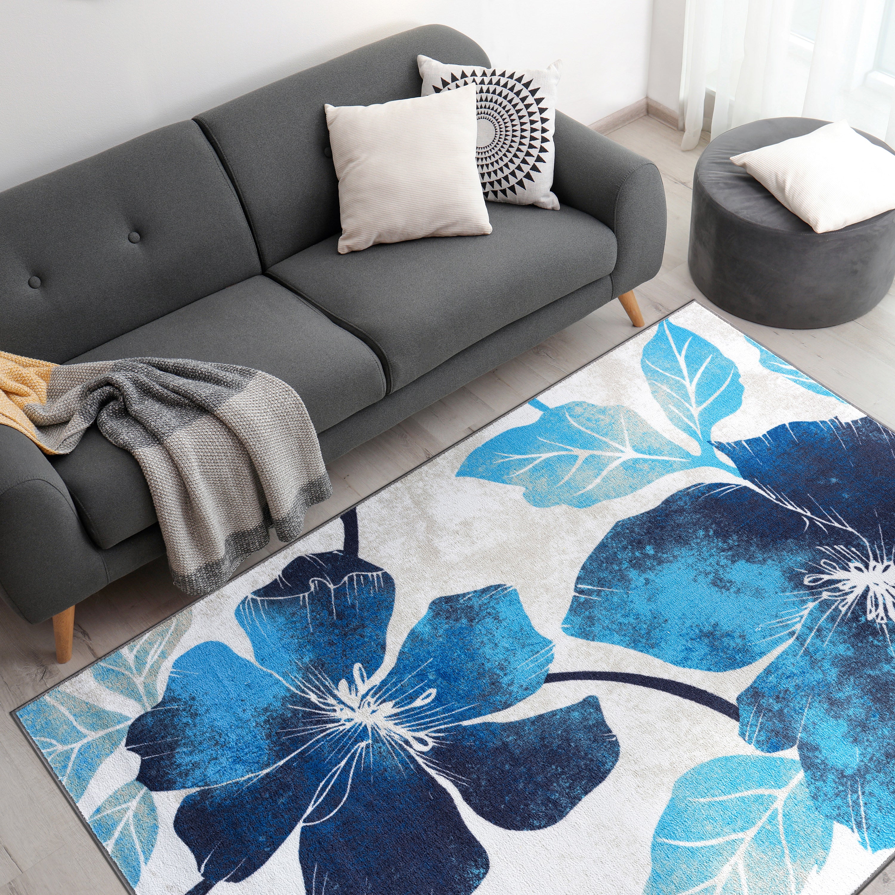 Floral Non-Slip Area Rugs Blue