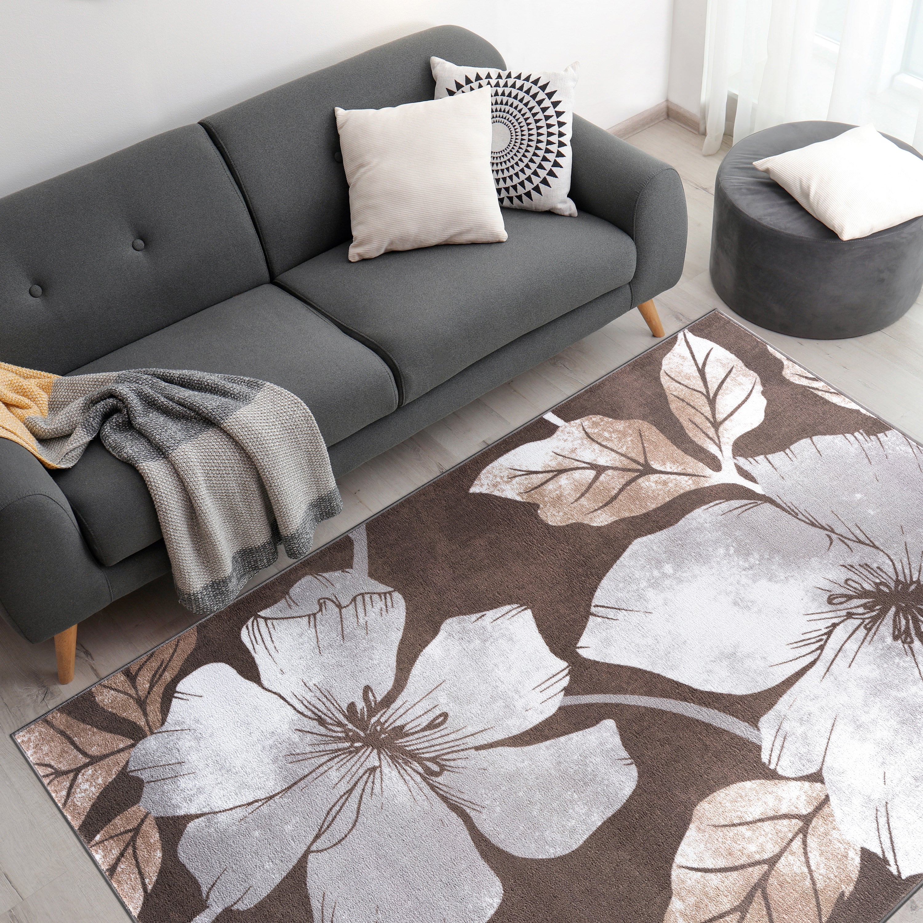 Floral Non-Slip Area Rugs Grey