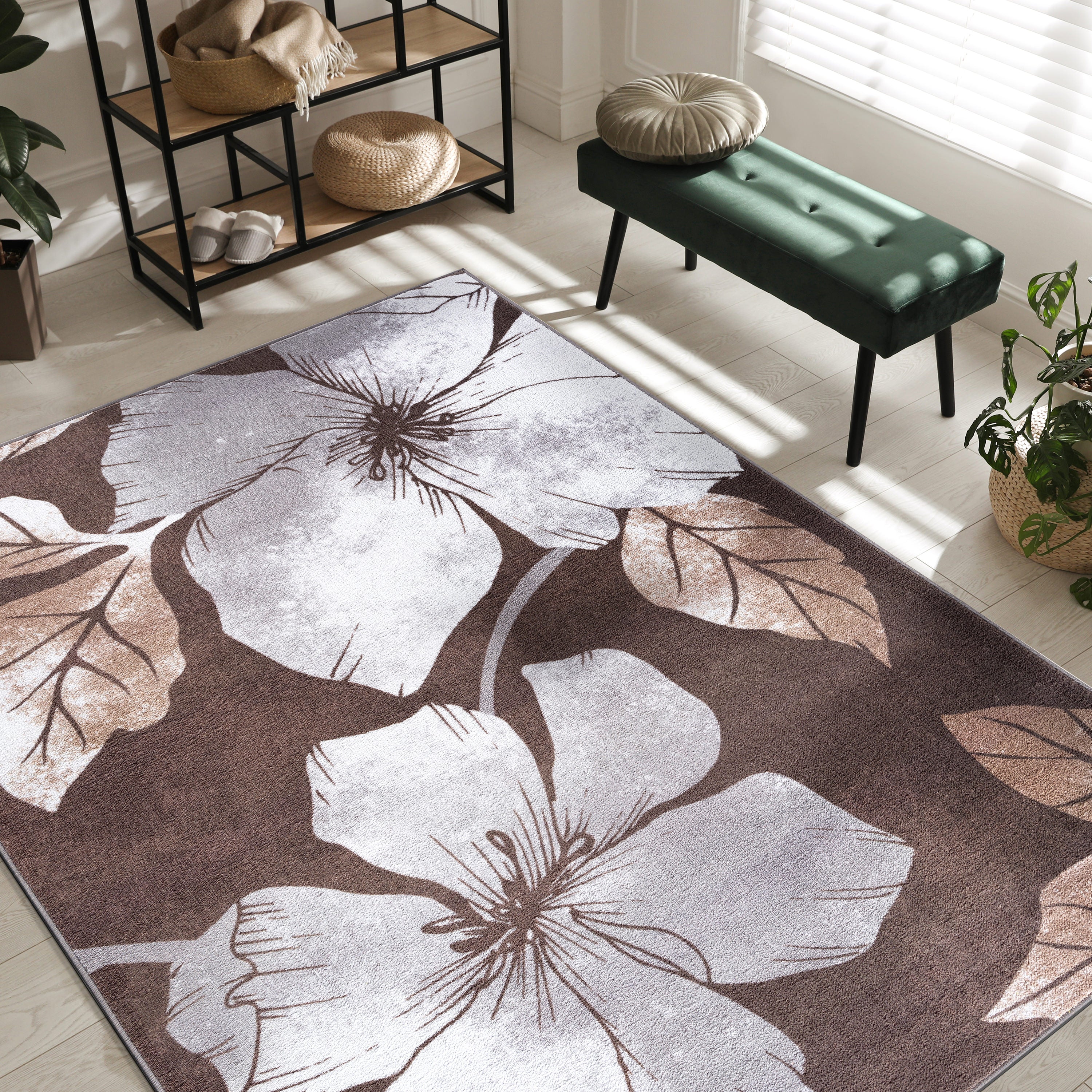 Floral Non-Slip Area Rugs Grey