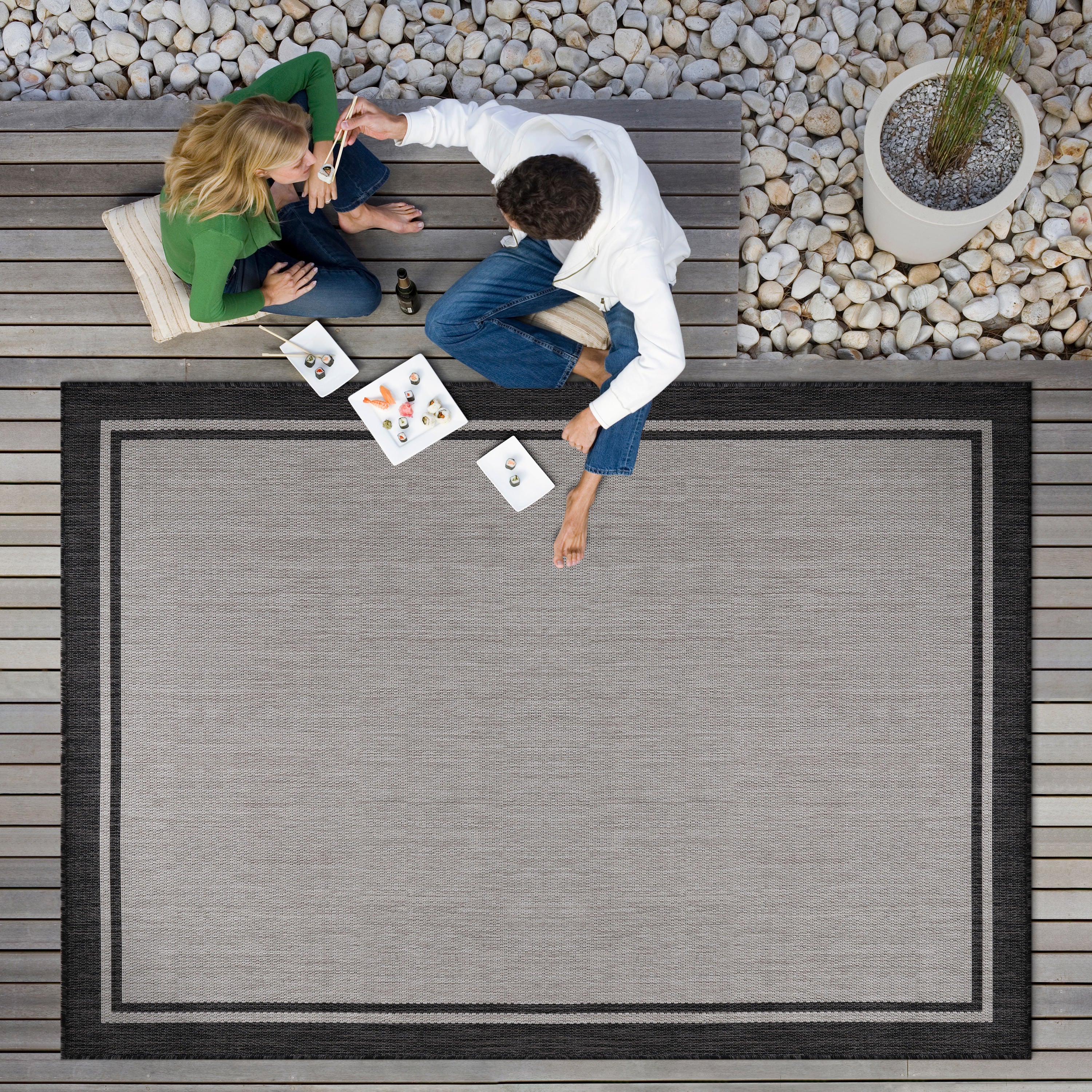 Summer Bordered Outdoor Rug Grey