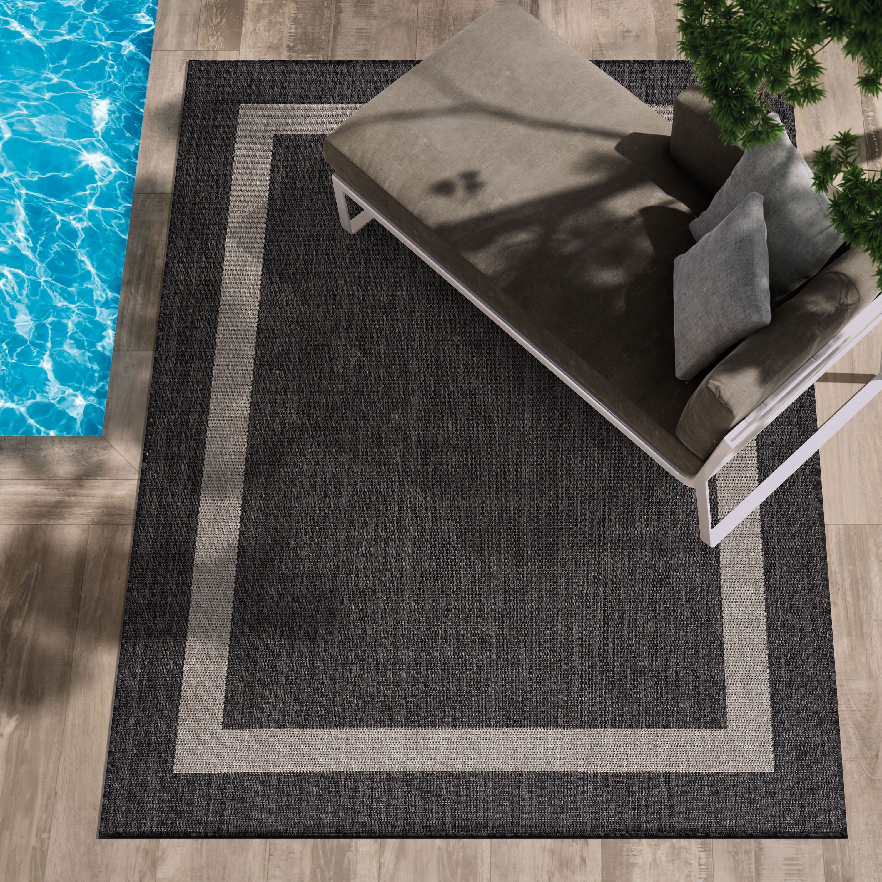 Bordered Outdoor Rugs Dark Grey